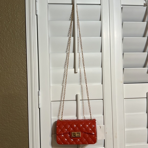 Vegan Women’s Purse Crossbody Orange With Gold Chain Quilted 7X4 Inches - Picture 4 of 6